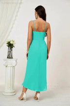 Numbersea Spaghetti Chiffon V Neck Bridesmaid Dress Mid-Length Slit Formal Prom Dress Homecoming Dress 2803