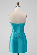 Tight Strapless Keyhole Satin Turquoise Homecoming Dress PD535