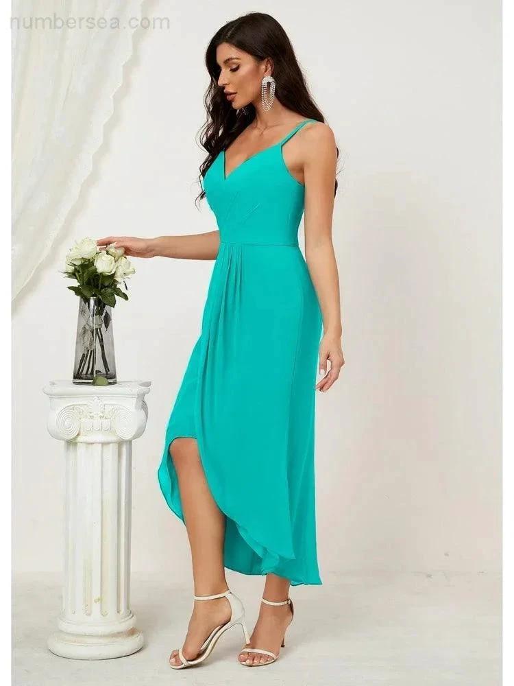 Numbersea Spaghetti Chiffon V Neck Bridesmaid Dress Mid-Length Slit Formal Prom Dress Homecoming Dress 2803