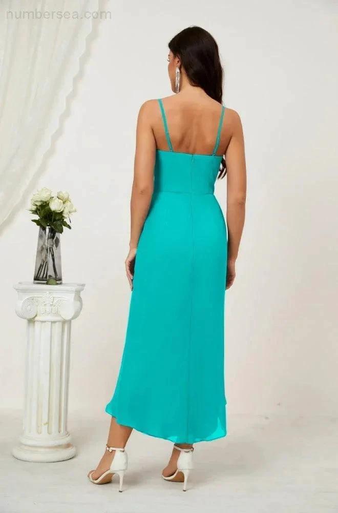 Numbersea Spaghetti Chiffon V Neck Bridesmaid Dress Mid-Length Slit Formal Prom Dress Homecoming Dress 2803