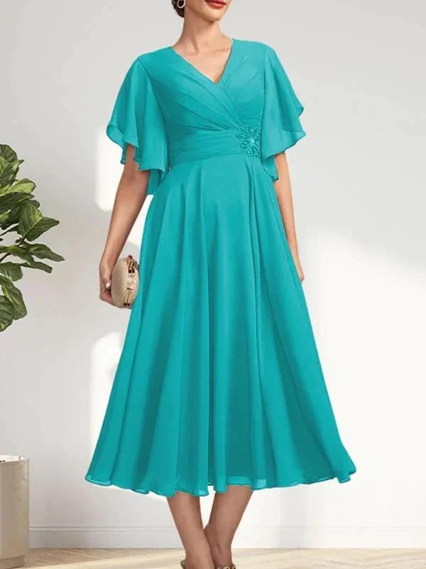 A-line V-Neck Tea-Length Chiffon Mother of the Bride Dress With Pleated Beading