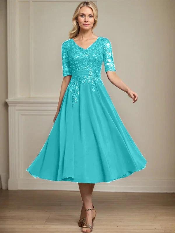 A-line V-Neck Tea-Length Lace Chiffon Mother of the Bride Dress With Sequins