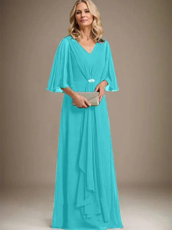 A-line V-Neck Floor-Length Chiffon Mother of the Bride Dress With Cascading Ruffles Crystal Brooch