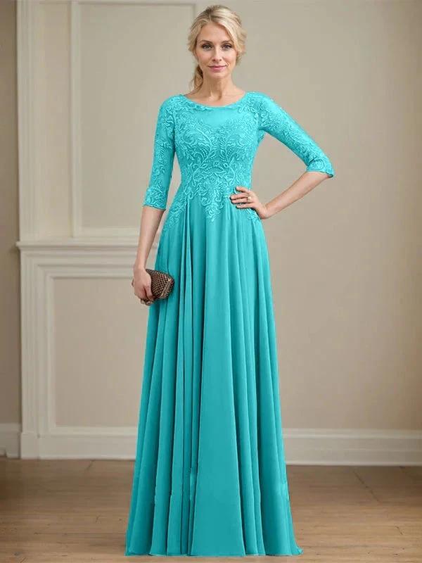 A-line Scoop Illusion Floor-Length Lace Chiffon Mother of the Bride Dress With Sequins