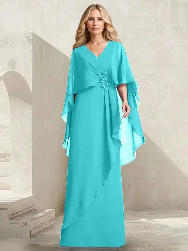 A-line V-Neck Floor-Length Chiffon Mother of the Bride Dress With Cascading Ruffles Beading