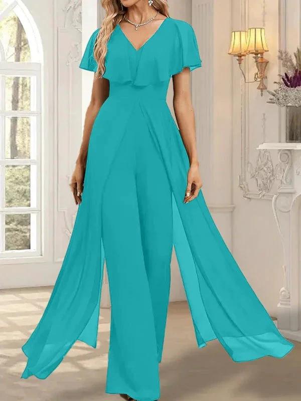 Jumpsuit/Pantsuit V-Neck Floor-Length Chiffon Evening Dress