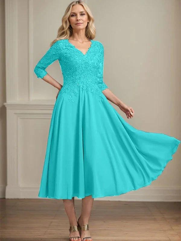 A-line V-Neck Tea-Length Chiffon Lace Mother of the Bride Dress With Beading Sequins