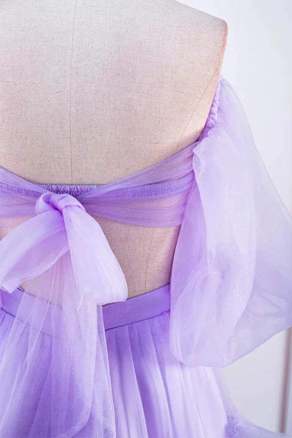 Two Piece Lavender Off the Shoulder Ruffles Prom Dress with Slit PSK469