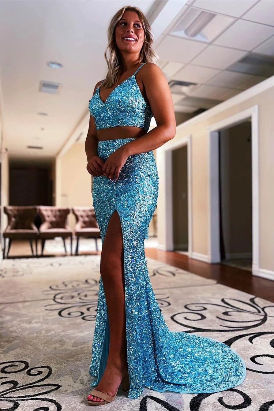Yellow Prom Dress Two-Pieces Sequin Prom Dresses  SYP94