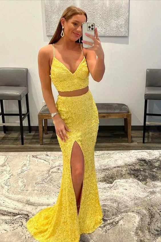 Yellow Prom Dress Two-Pieces Sequin Prom Dresses  SYP94