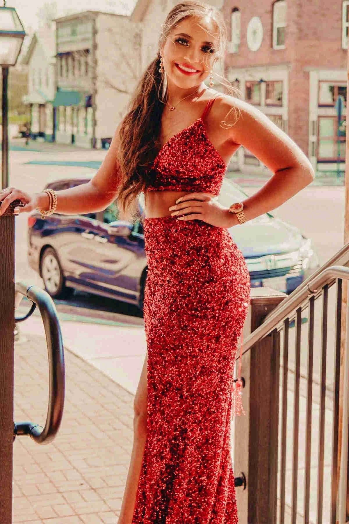 Yellow Prom Dress Two-Pieces Sequin Prom Dresses  SYP94