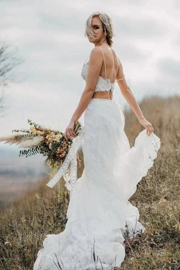 Two Pieces Lace Appliques Spaghetti Straps Wedding Dresses Bridal Gown WD628