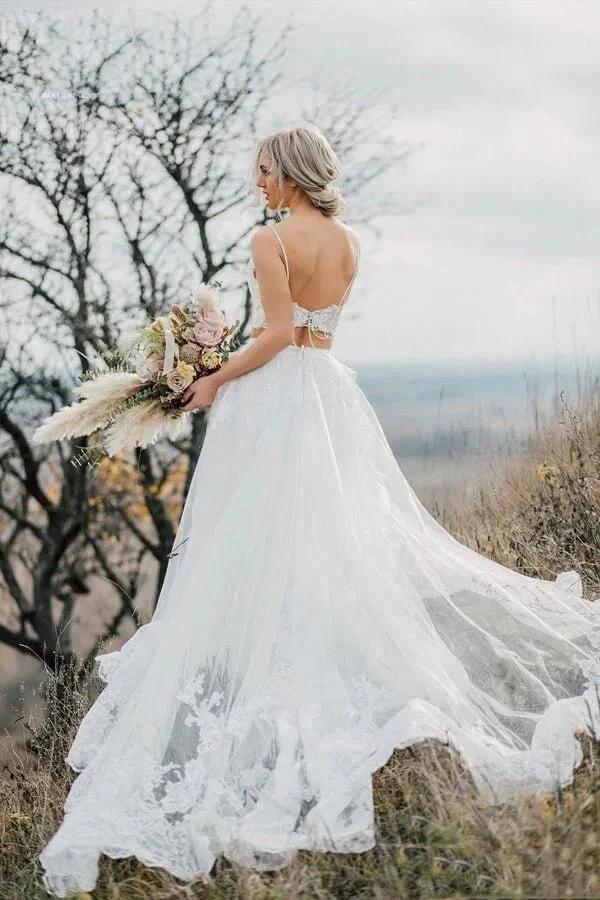 Two Pieces Lace Appliques Spaghetti Straps Wedding Dresses Bridal Gown WD628