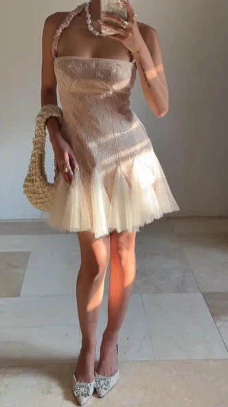 Cute Halter Lace Tulle Homecoming Short Prom Dress Y8502