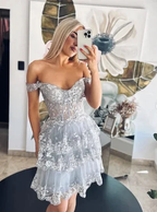Navy Blue A-Line Sweetheart Lace Tiered Short Homecoming Dress Y8107