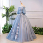 Unique blue tulle lace long prom dress blue evening dress S13770