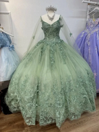 Sage Green 3D Butterfly Applique Cape Ball Gown Y2785
