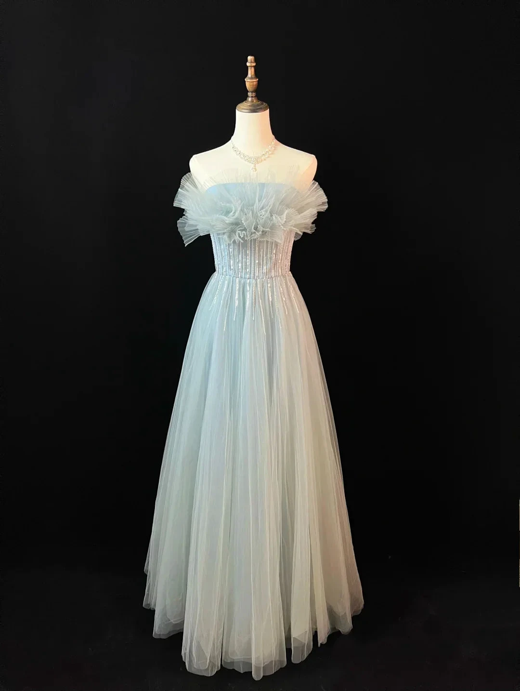 Elegant Blue Tulle Sequins Beaded ALine Prom Dress Evening Dress Y8646