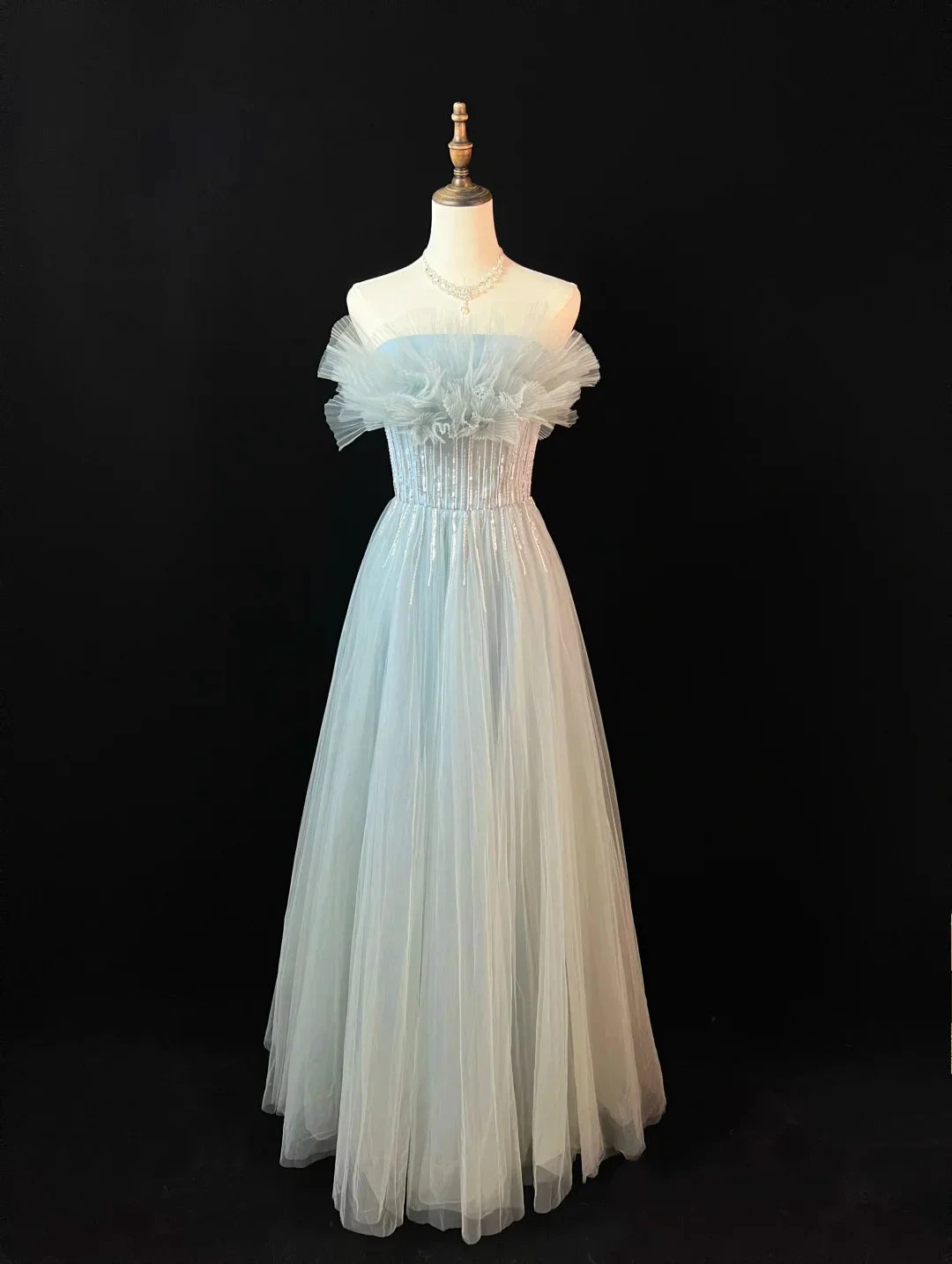 Elegant Blue Tulle Sequins Beaded ALine Prom Dress Evening Dress Y8646