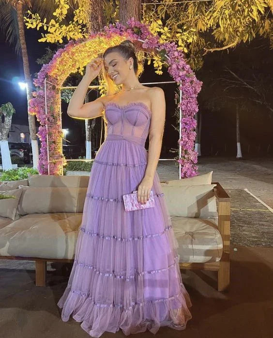 A Line Lilac Prom Dress Strapless Formal Evening Gown Y4816