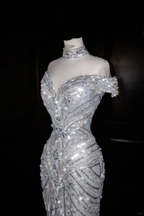 Glitter Off The SHoulder Tulle Sequin Beaded Evening Dress,Mermaid Prom Dress Wedding Dress Y8685