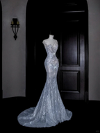 Beautiful Mermaid Sequin Beaded Evening Dress Blue Tulle Prom Dress Y8690