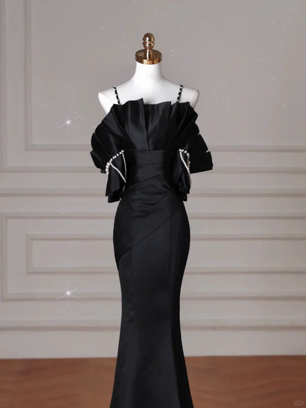 Elegant Black Spaghetti Straps Satin Off The Shoulder Mermaid Evening Dress Prom Dress Y8641