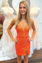 Lace-Up Sequin Short Homecoming Dress with Slit Y2947
