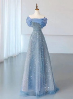 Blue Tulle Sequins Evening Dress Off The Shoulder Pleats A Line Prom Dress Y8041