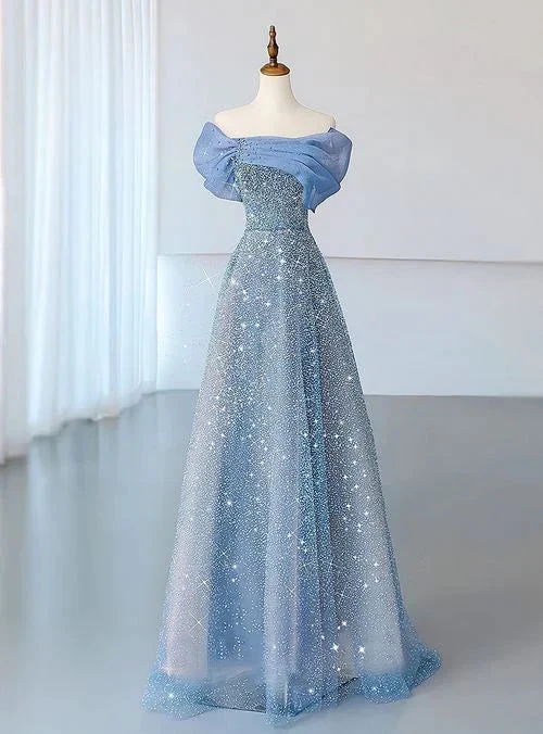Blue Tulle Sequins Evening Dress Off The Shoulder Pleats A Line Prom Dress Y8041