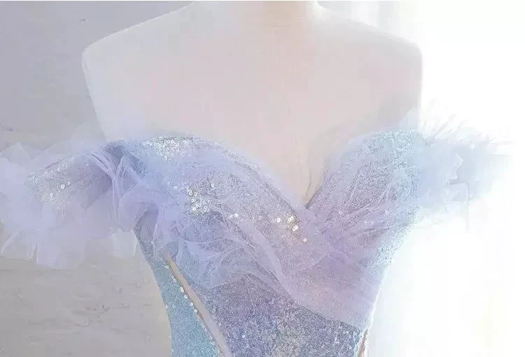 Purple Off Shoulder Sequin Tulle Long Prom Dress Purple Formal Evening Dresses Y4659