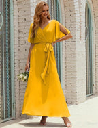 Numbersea V-Neck Bridesmaid Dress Long Formal Dresses with Belt for 28022