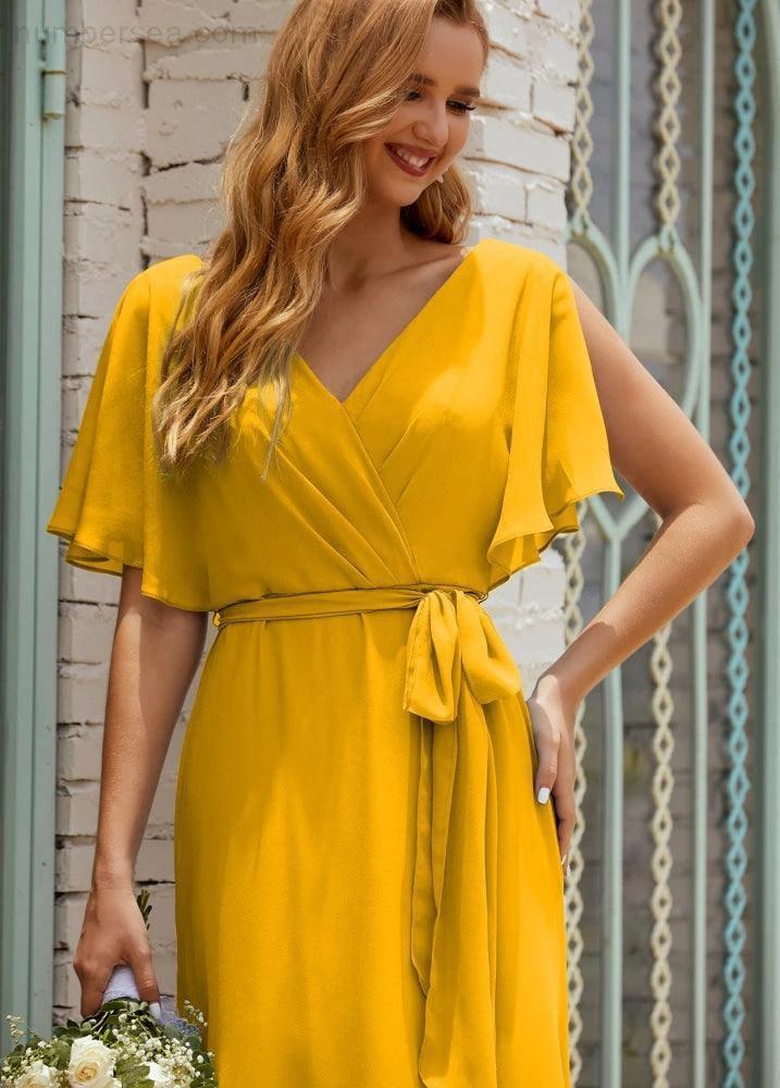 Numbersea V-Neck Bridesmaid Dress Long Formal Dresses with Belt for 28022