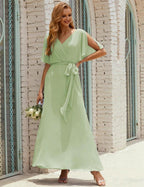Numbersea V-Neck Bridesmaid Dress Long Formal Dresses with Belt for 28022