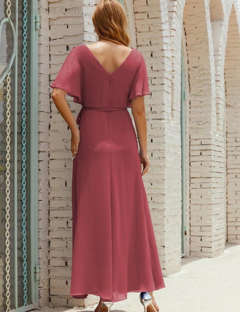 Numbersea V-Neck Bridesmaid Dress Long Formal Dresses with Belt for 28022