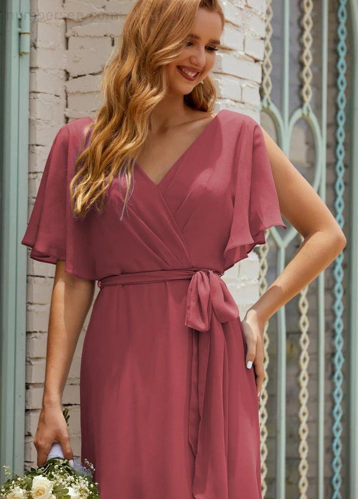 Numbersea V-Neck Bridesmaid Dress Long Formal Dresses with Belt for 28022