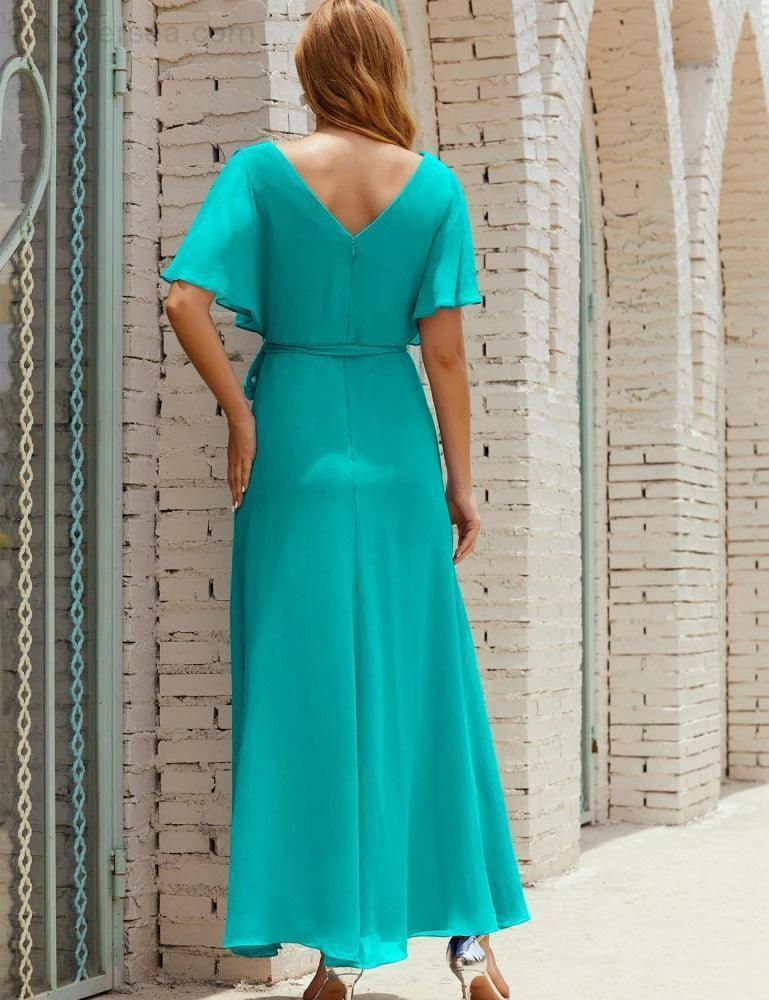 Numbersea V-Neck Bridesmaid Dress Long Formal Dresses with Belt for 28022