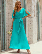 Numbersea V-Neck Bridesmaid Dress Long Formal Dresses with Belt for 28022