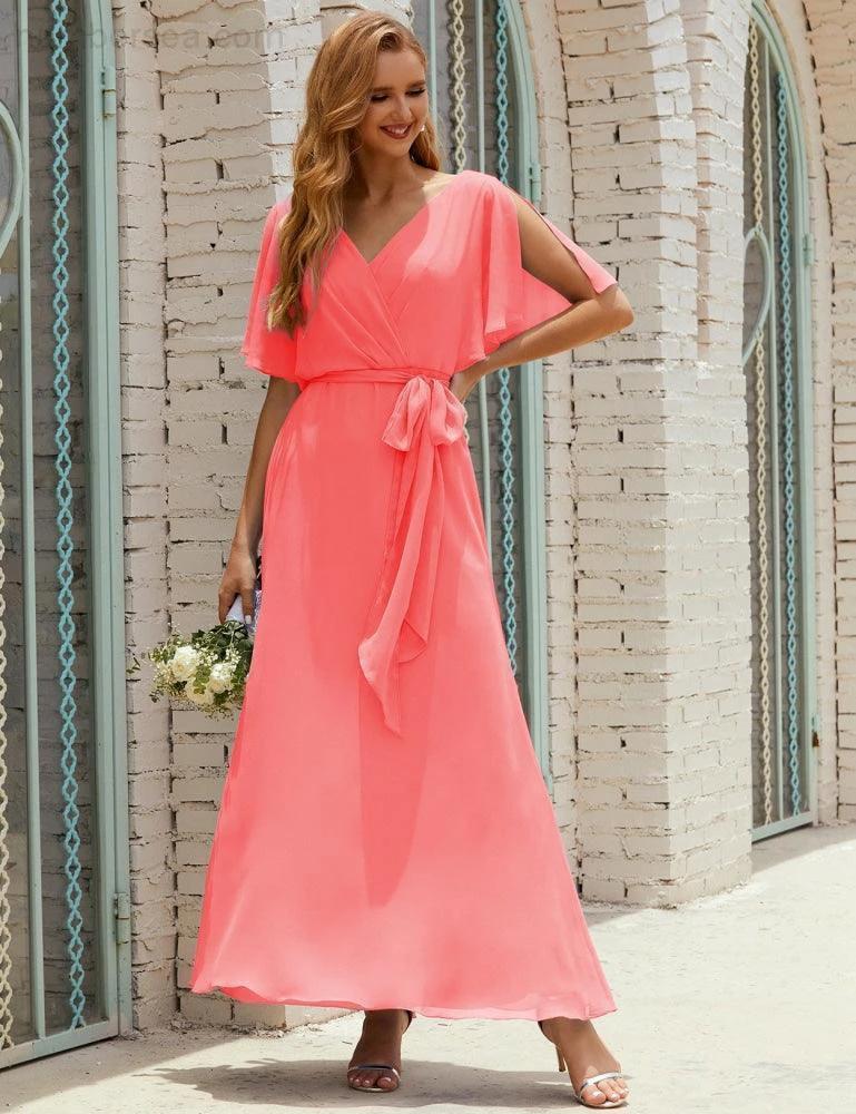 Numbersea V-Neck Bridesmaid Dress Long Formal Dresses with Belt for 28022