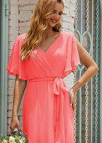 Numbersea V-Neck Bridesmaid Dress Long Formal Dresses with Belt for 28022