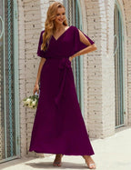 Numbersea V-Neck Bridesmaid Dress Long Formal Dresses with Belt for 28022
