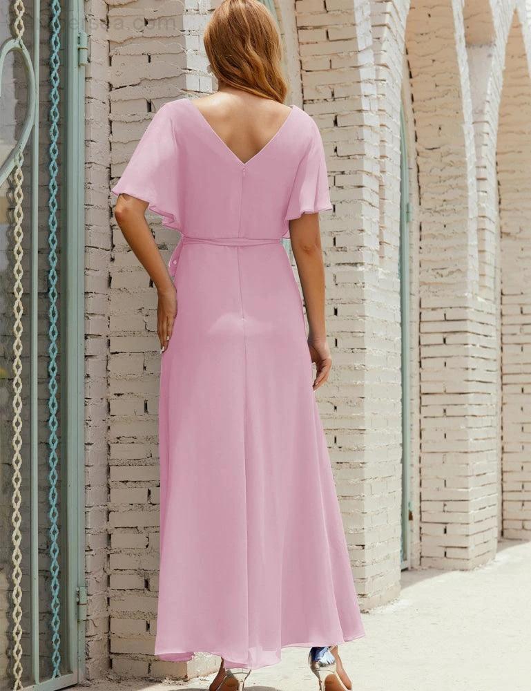 Numbersea V-Neck Bridesmaid Dress Long Formal Dresses with Belt for 28022