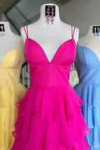 V-Neck Straps Fuchsia Ruffle Chiffon Prom Dress with Slit PSK470