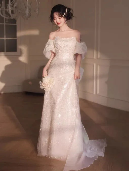 Pink A-Line Off-Shoulder Tulle Sequins Beaded Long Prom Dress Formal Evening Dress Y8050