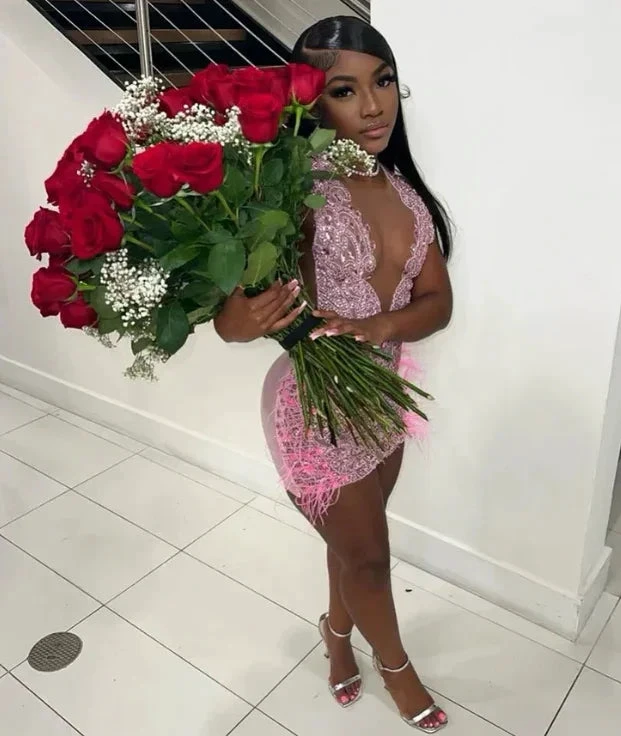 Luxurious Heavy Beaded Pink Homecoming Dress 22nd Birthday Outfit Dress Y1828