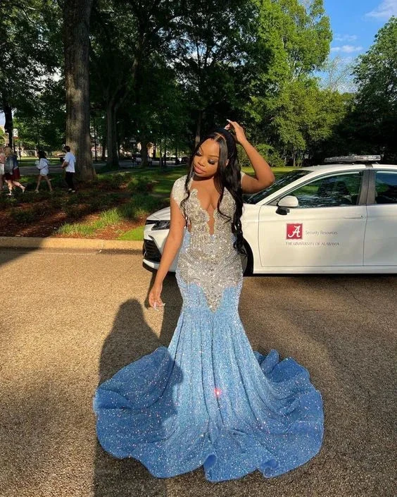 Blue prom dress sexy shimmering blue evening gown Y6557
