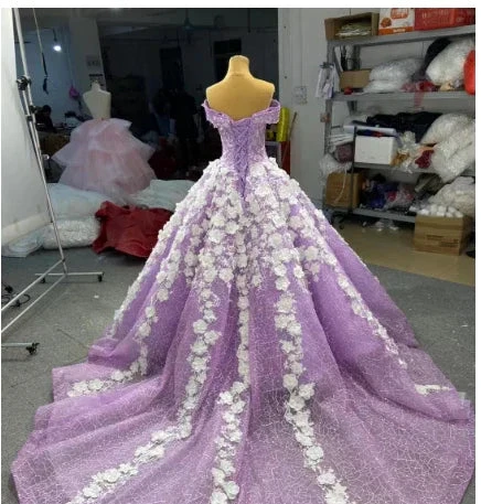 3D Flowers Lilac Sweet 15 Dress Off the Shoulder Quince Dress Luxurious Ball Gown Y906