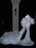 Beautiful Mermaid Sequin Beaded Evening Dress Blue Tulle Prom Dress Y8690