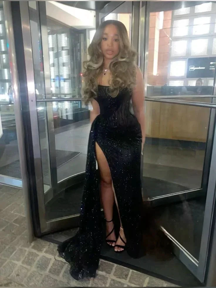 Sexy Black Lace Sequin Slit Mermaid Long Prom Dress Evening Dress Y8055