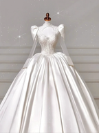 Gorgeous White Satin Lace Appliques A Line Wedding Dress,Formal Prom Dress Y8607